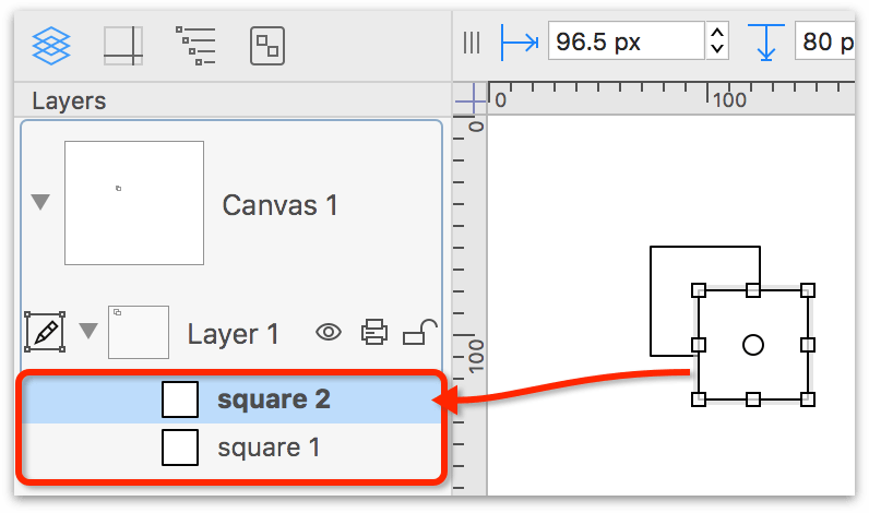 The squares are stacked above each other in the order they’re drawn on the canvas