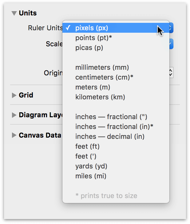 The Units inspector, with the Ruler Units popup menu open