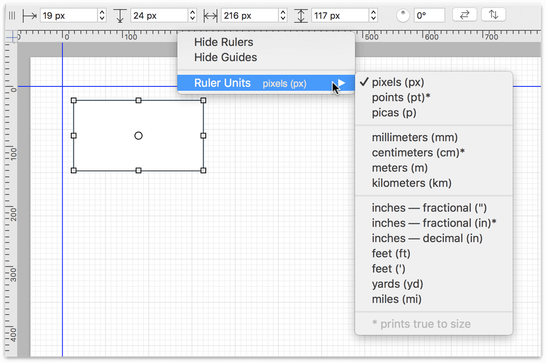 The contextual menu that appears when you Control- or Right-click on one of the rulers