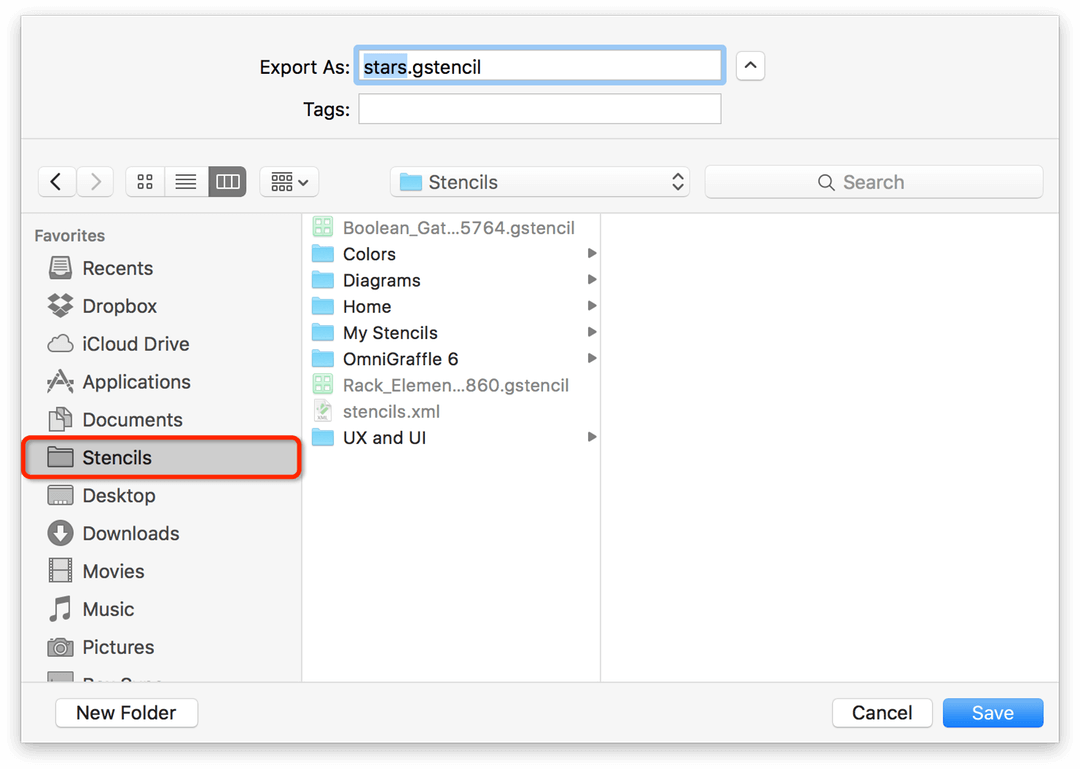Use the Save sheet to select the Stencils folder in the sidebar, and then choose a folder in which to save the stencil file