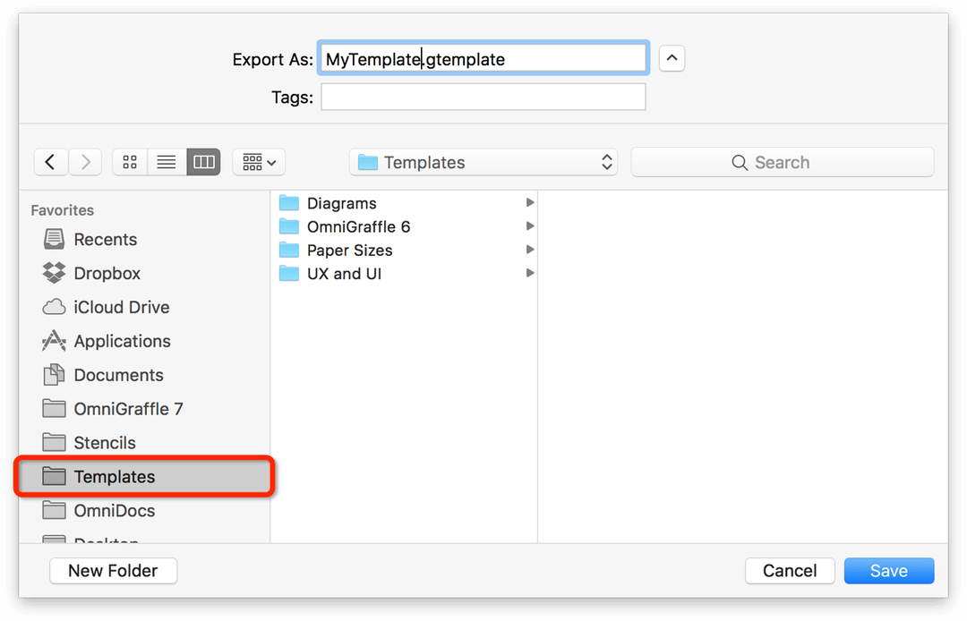 OmniGraffle’s Export As sheet, showing the Templates folder in the Favorites section on the left side of the sheet
