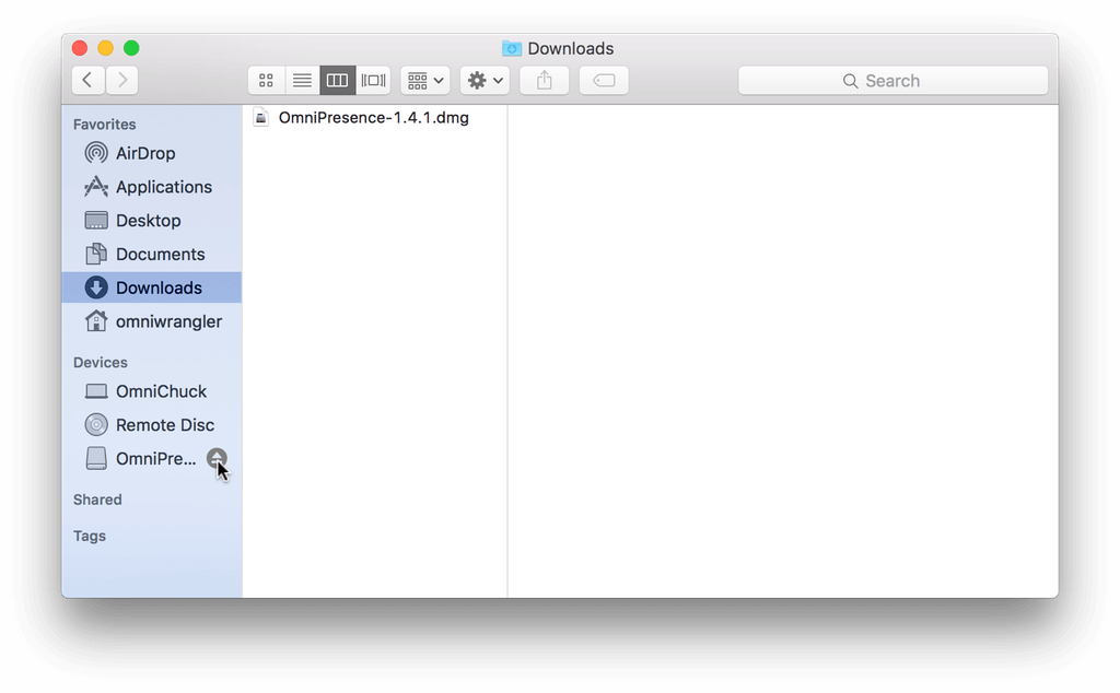 In the Finder’s sidebar, click the eject button next to the OmniPresence disk image to eject it from your system