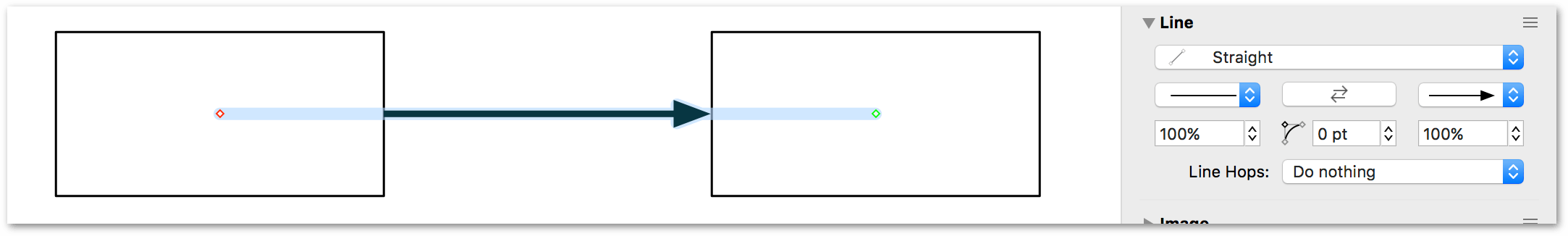Adding a line tail to the connecting line between two objects on the canvas