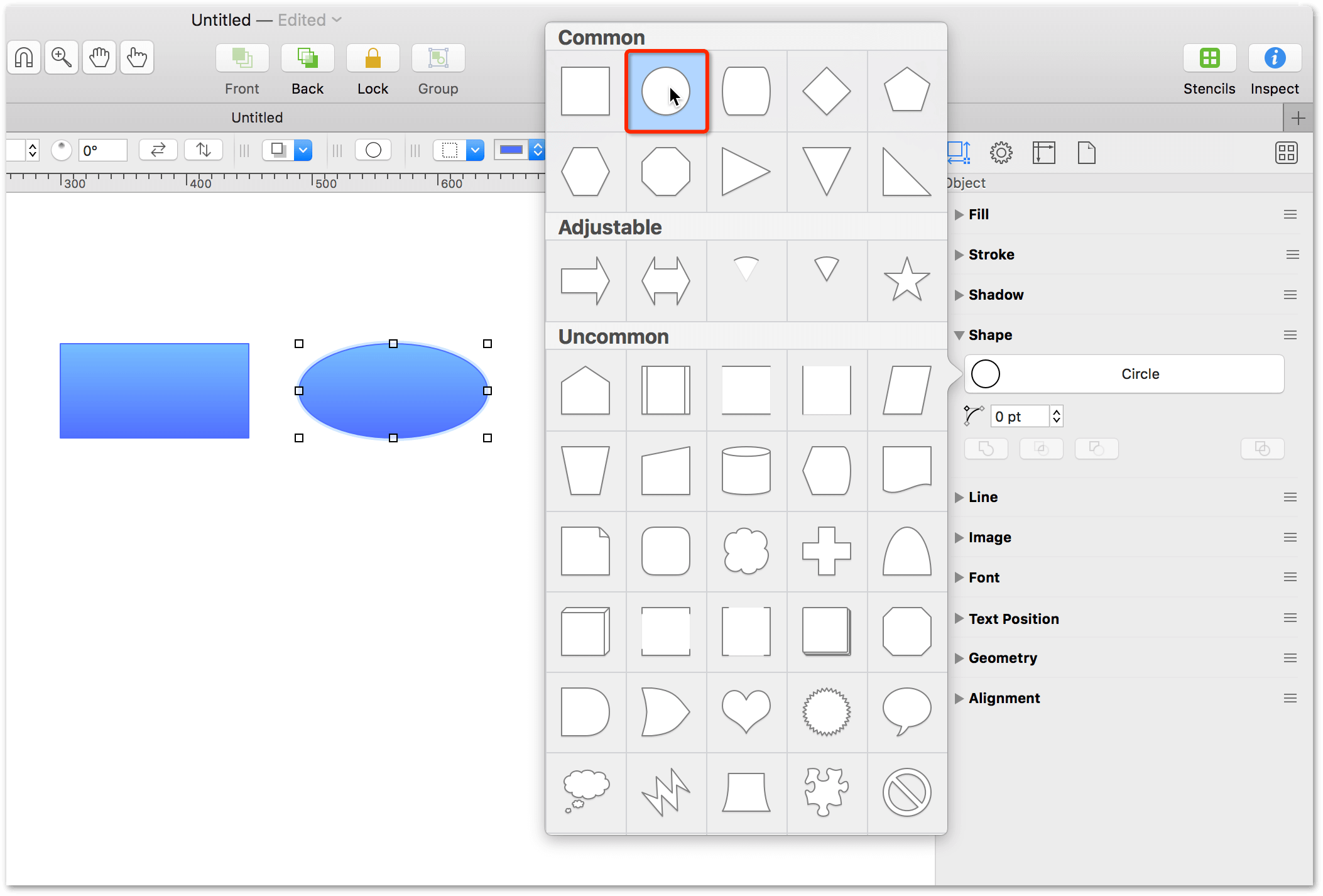 Changing a shape using the Shape inspector