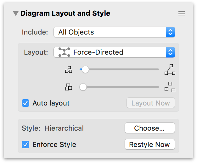 The Diagram Layout and Style Inspector, showing the options for a Force-directed layout