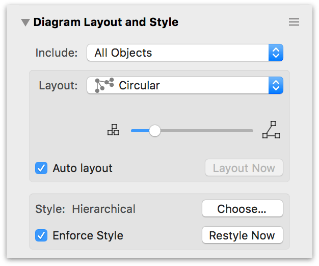 The Diagram Layout and Style Inspector, showing the options for a Circular layout