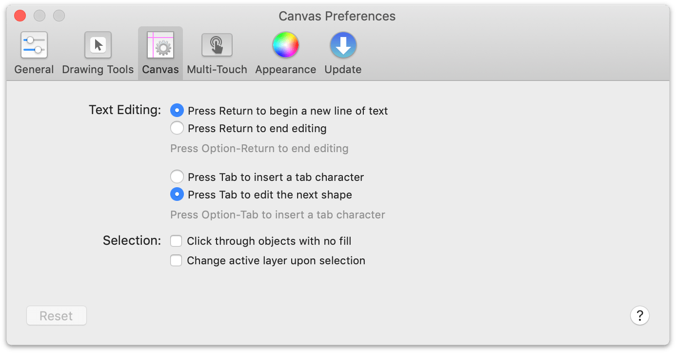The Canvas Preferences panel