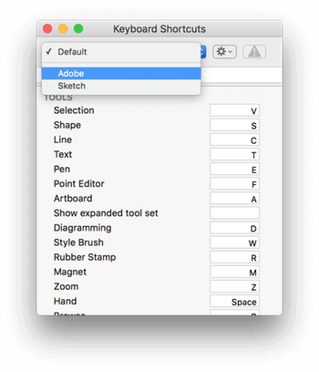 Clicking the drop-down menu at the top of the window reveals your available keyboard shortcut sets