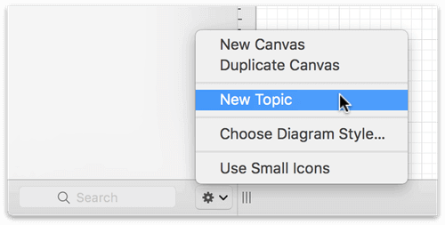 The Action menu, displaying the New Topic option for starting a new outline in OmniGraffle.