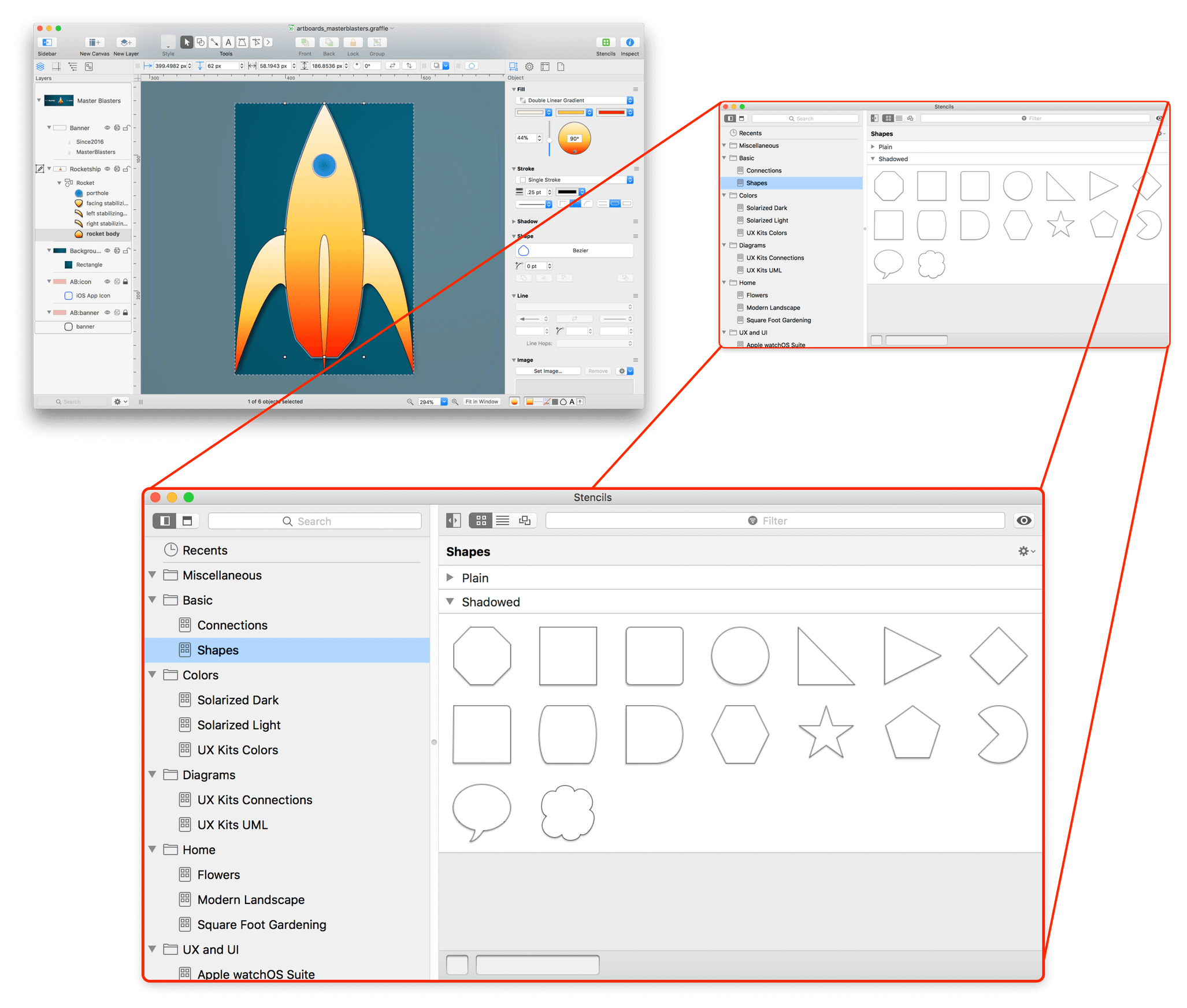 An exploding view of OmniGraffle, showing the Stencil Browser as a floating window, shown in a much larger scale than in the full window in the background.