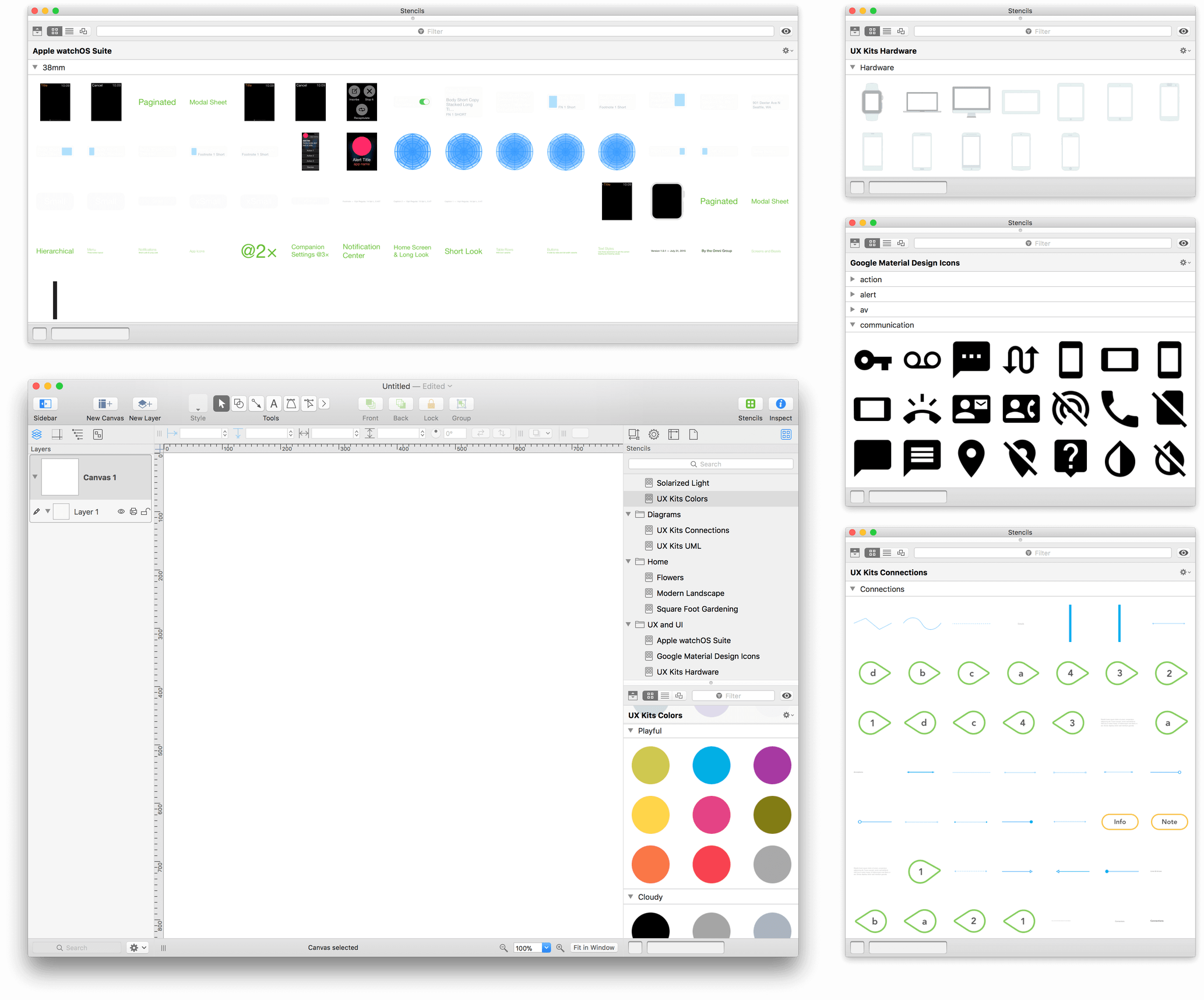 At lower-left is an OmniGraffle window, with additional Stencil Browser windows shown above and to the right.