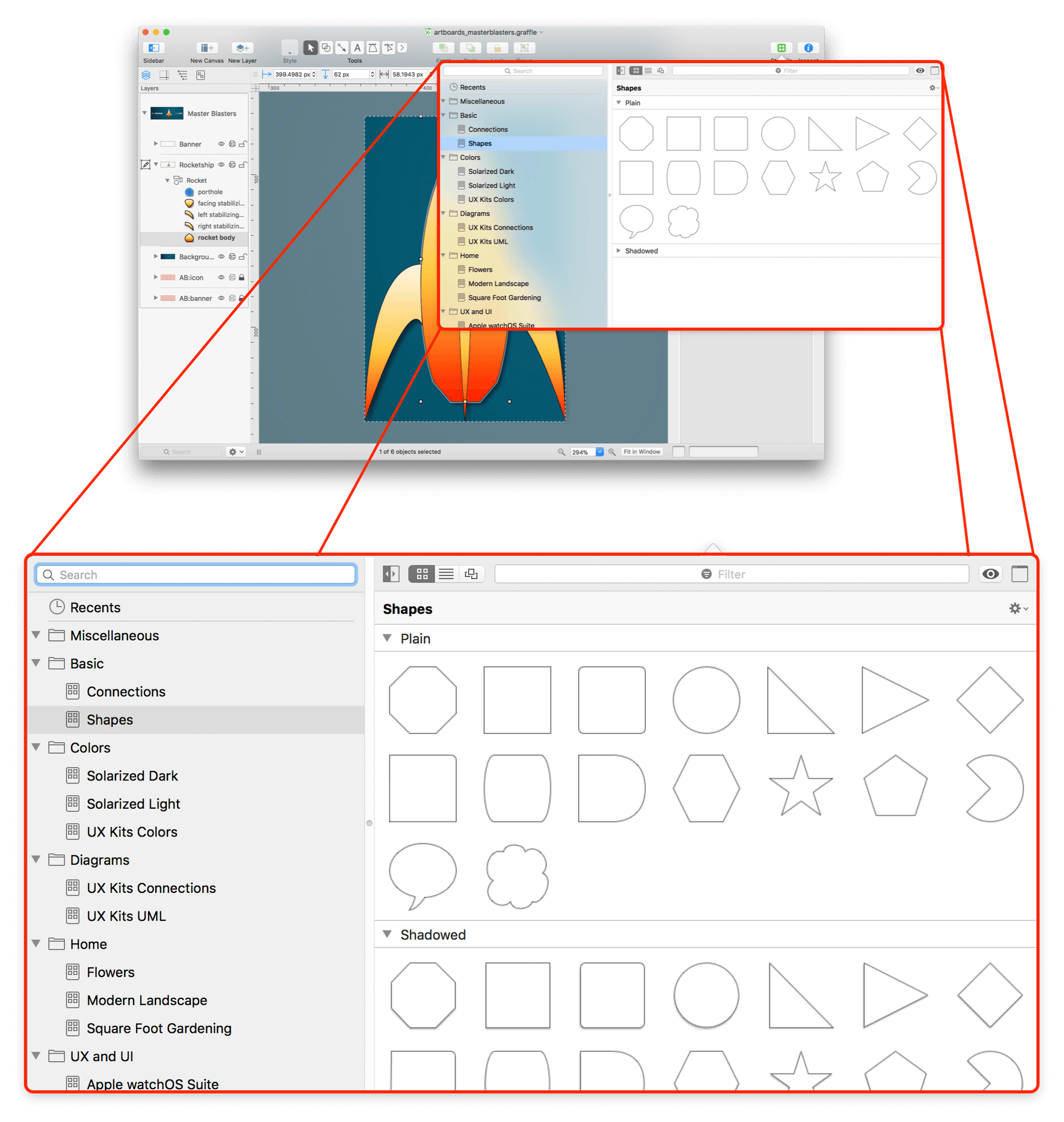 An exploding view of OmniGraffle, showing the Stencil Browser in a popup window available from the toolbar, shown in a much larger scale than in the full window in the background.