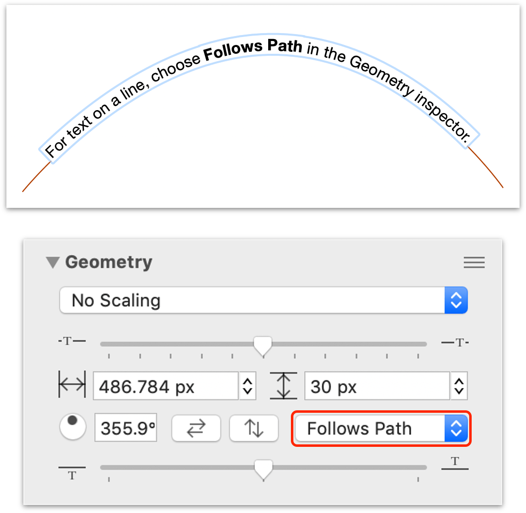 Using the Geometry inspector to have line label text follow the path of a line.