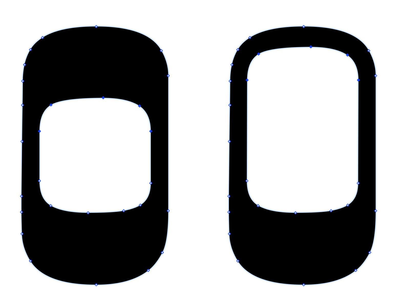This shows two Oh characters side by side. The Oh on the left has the top five vector points inside the shape selected. The Oh on the right shows that same Oh character after the selected vector points have been moved upward within the character.