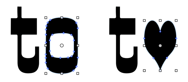 In the word "to" on the left, the letter Oh is selected. On the right, the Oh is replaced with a heart shape.
