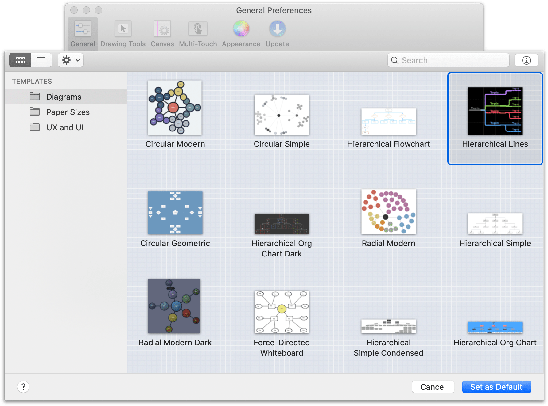 Choose a new default template in the sheet that appears