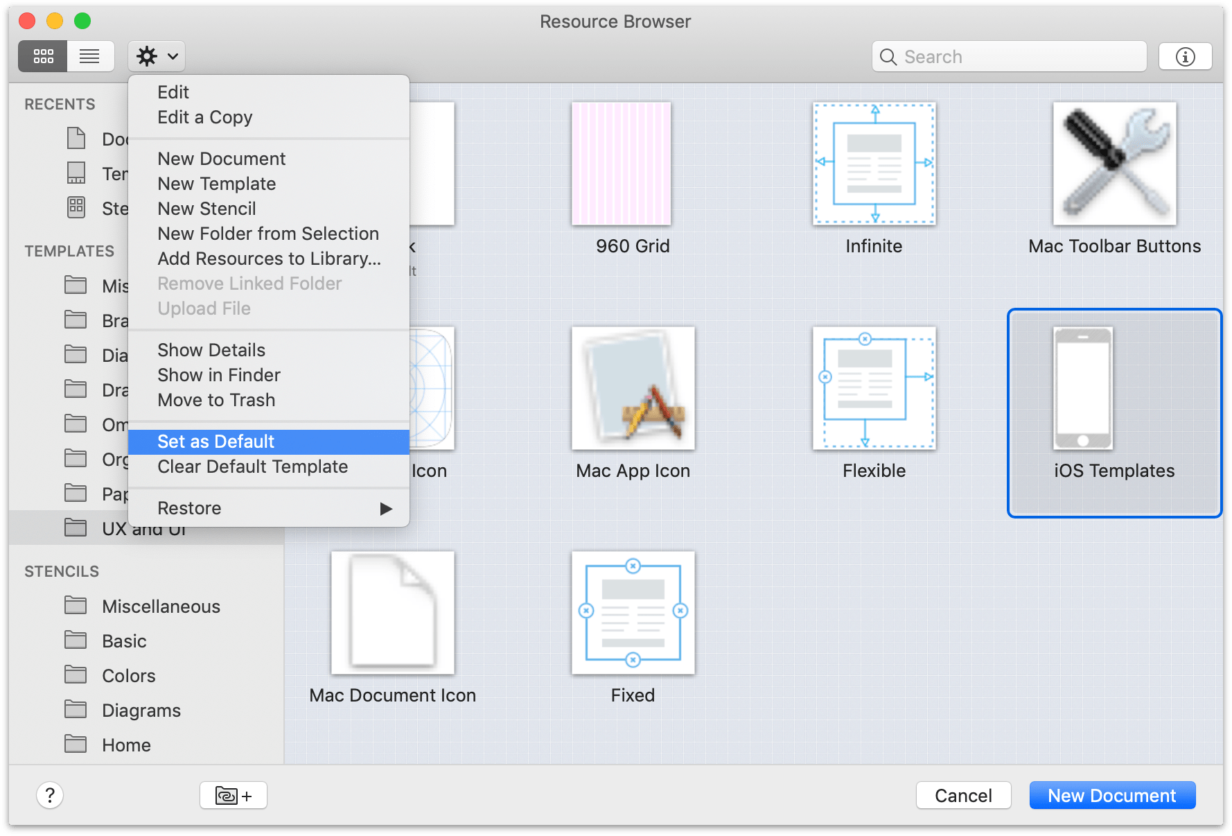 Setting a default template from the Resource Browser