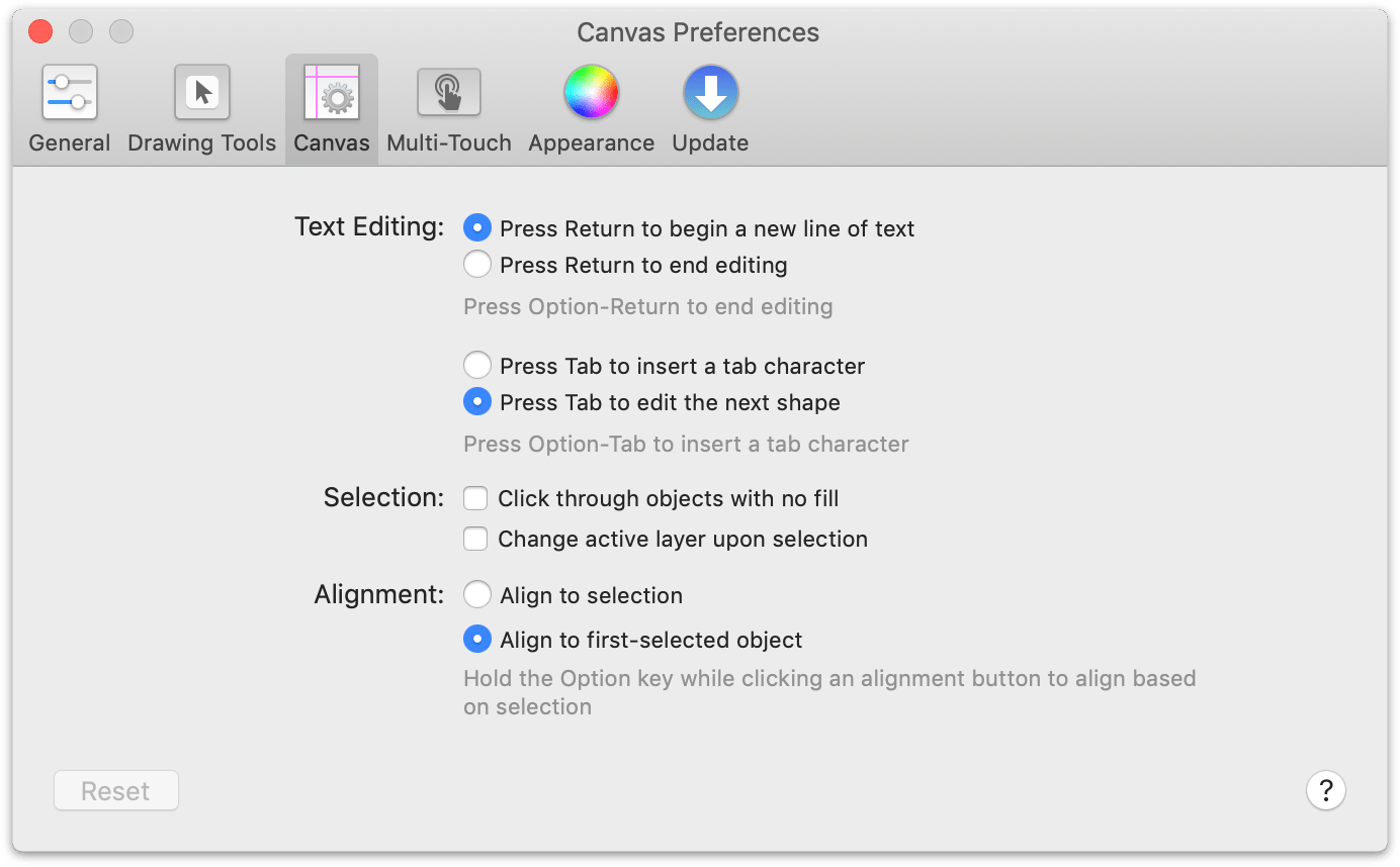 The Canvas Preferences panel