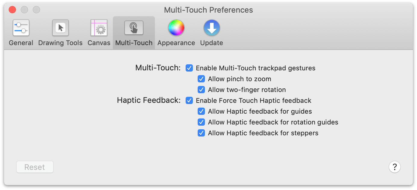 The Multi-Touch Preferences panel