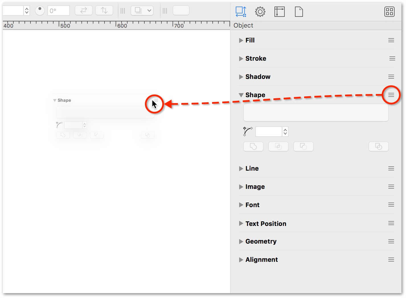 Dragging the Shape inspector from the sidebar toward the canvas.