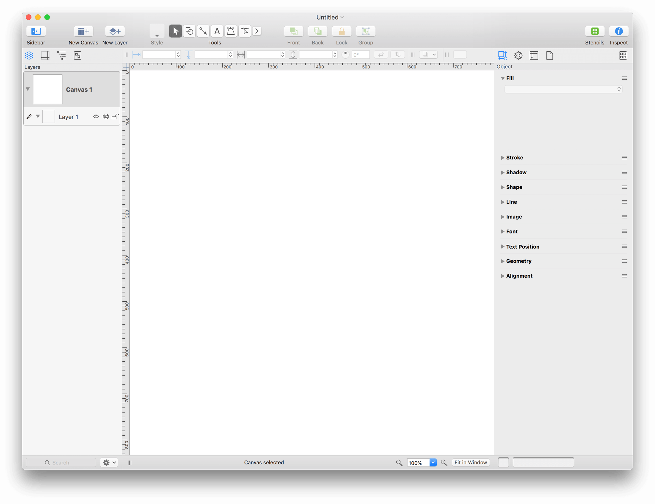 OmniGraffle, after opening the Blank template in a new document window