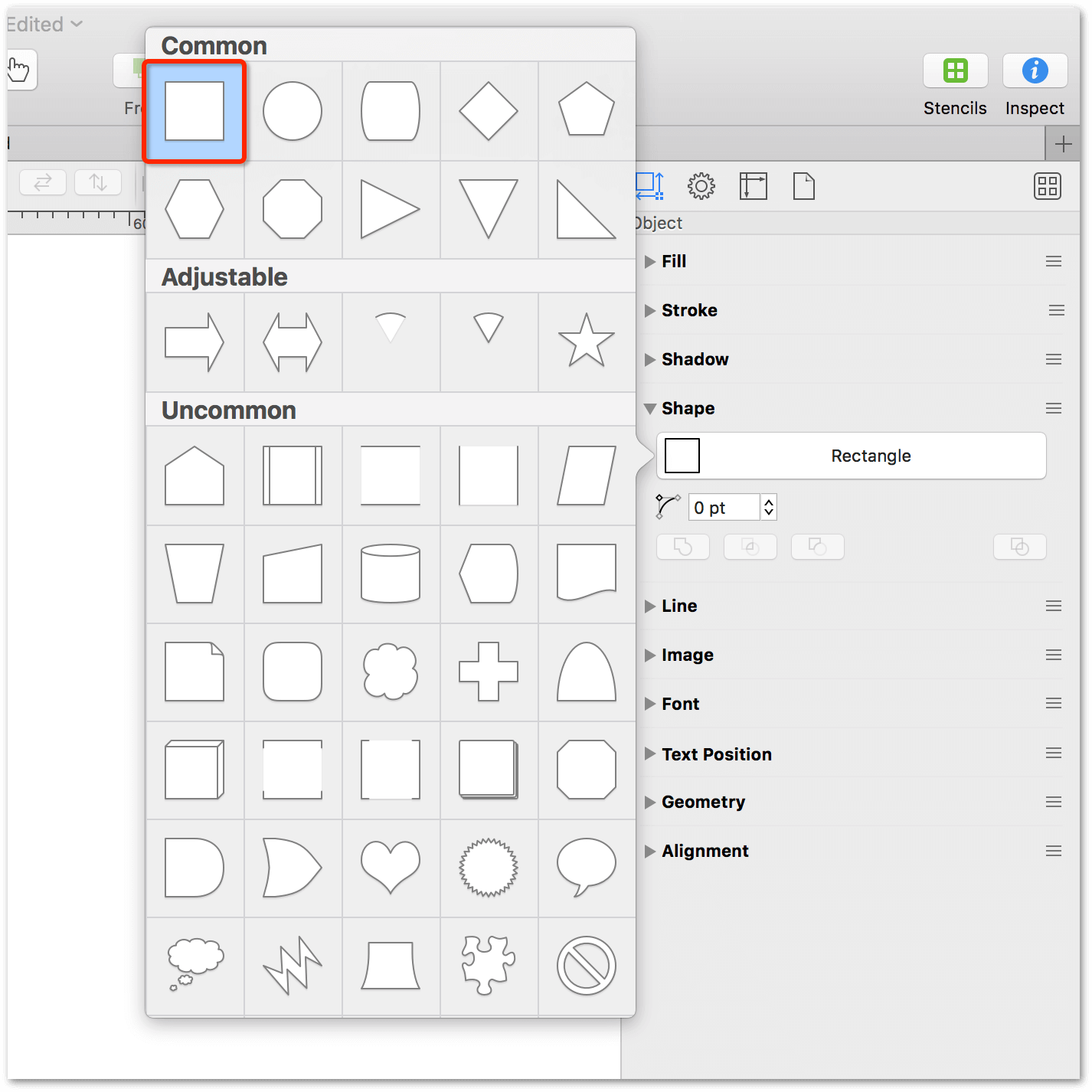 Using the Shape inspector to choose a basic shape to use for the diagram; in this case, the rectangle shape