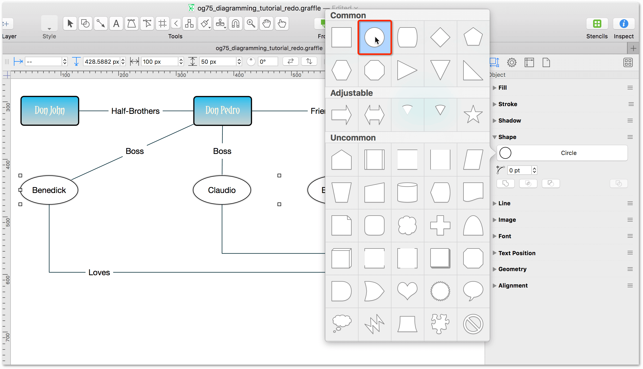 Use the Shape inspector change the Rectangles to Circles