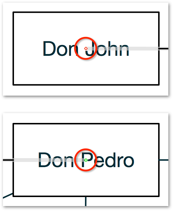 Don John, on top, shows a red diamond at the end of the line, while Don Pedro, on bottom, shows a green diamond at the end of the line.