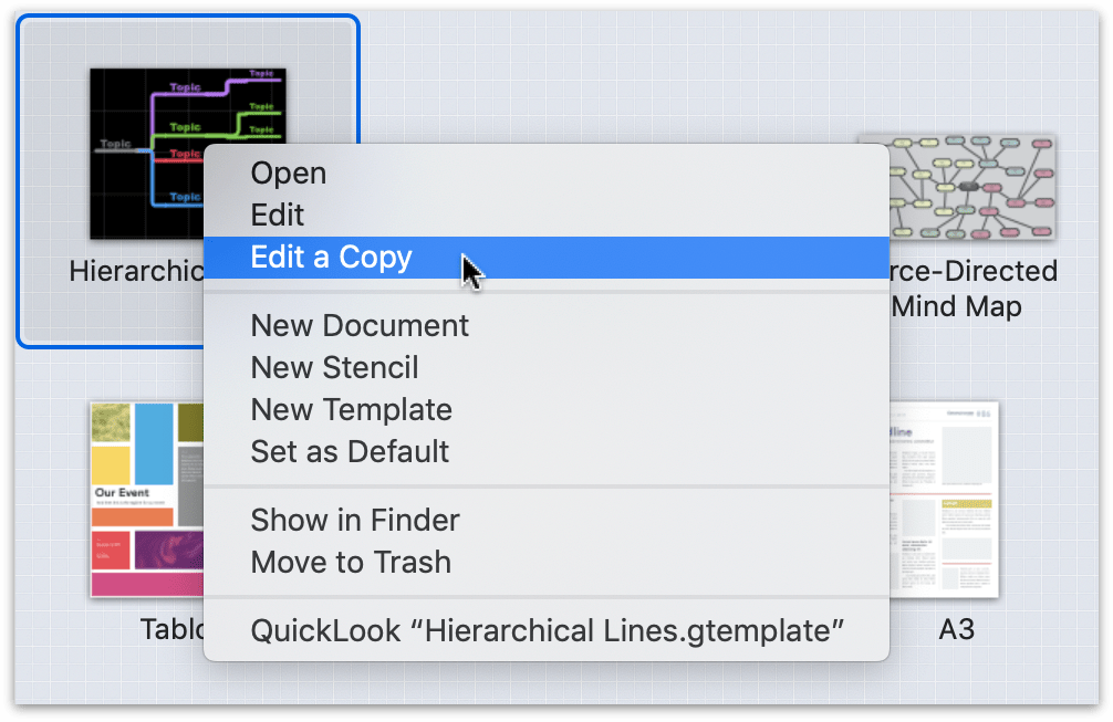 When you Control- or Right-click on a template, a contextual menu opens, providing you with various options for working with that file.