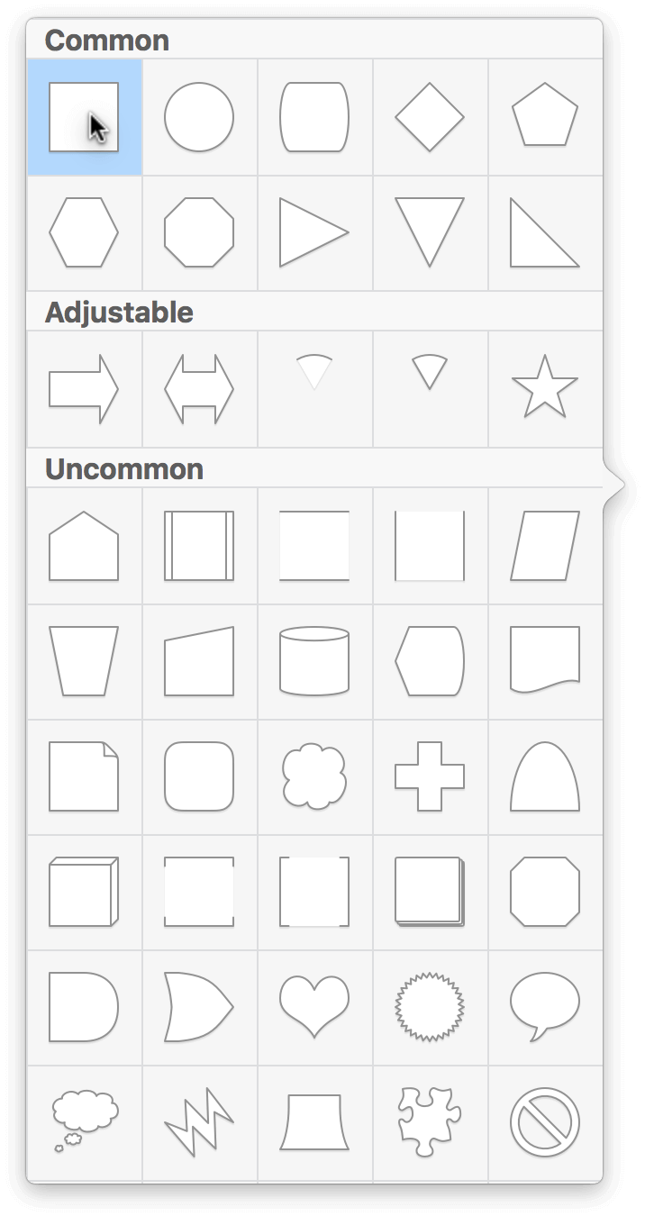 The Shape Selection popover menu has many different shapes you can choose from