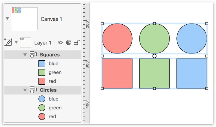 Two groups of objects are selected on the canvas so they can be grouped together