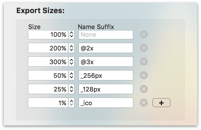 Use the Export Sizes area for specifying the sizes to export along with any applicable suffix to the filename.