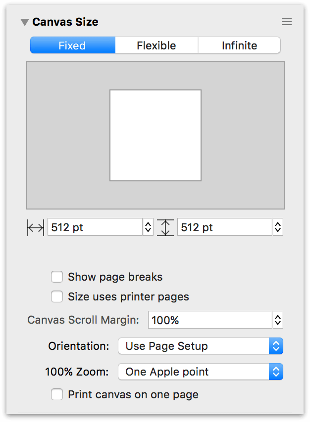The Canvas Size inspector set to a Fixed Size canvas