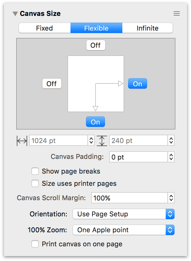 The Canvas Size inspector set to a Flexible size