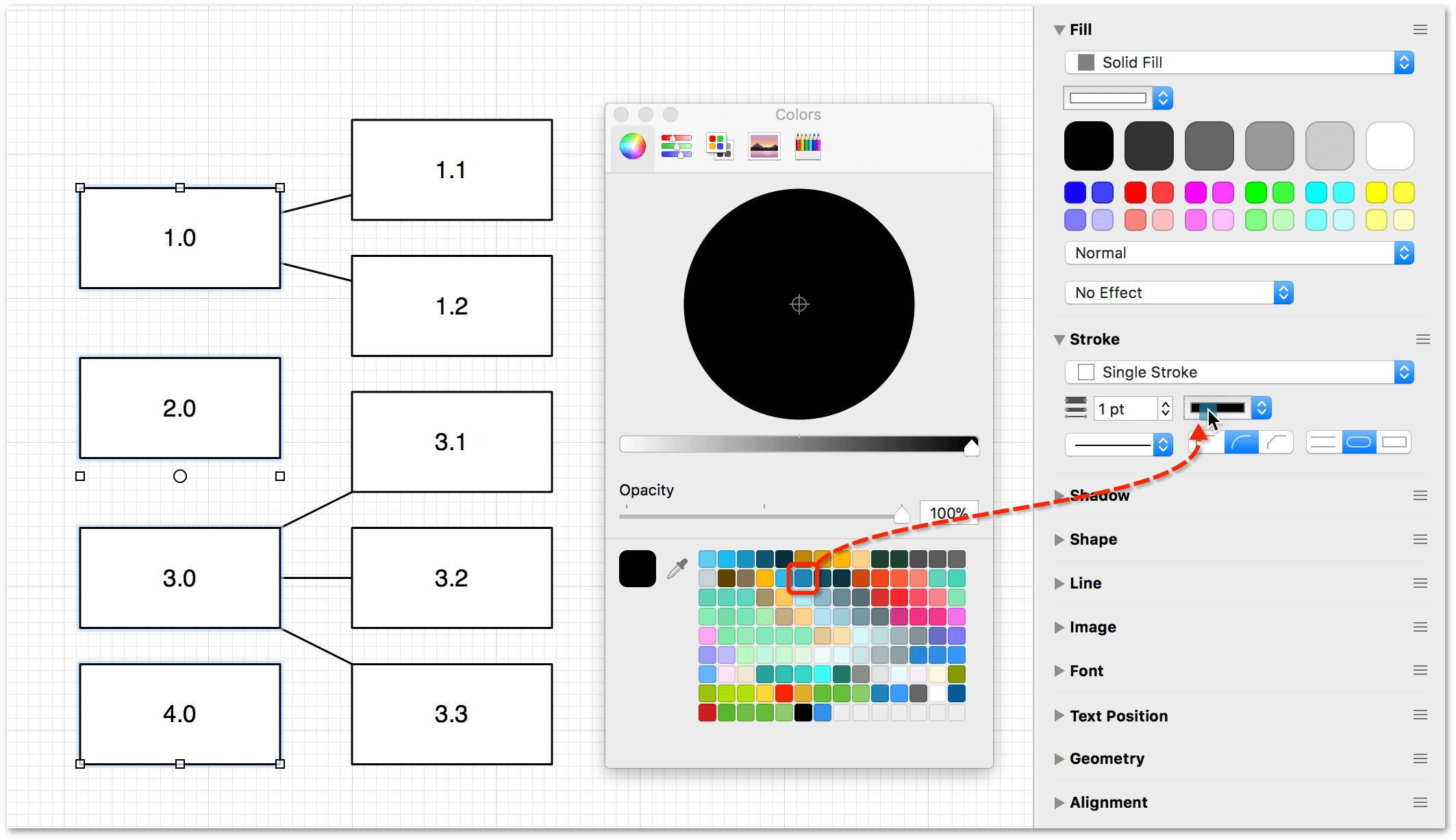Dragging colors from the color well to a color object