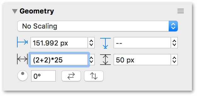 The width field uses 2 plus 2 times 25 as an equation to get 100 pixels as the objects width