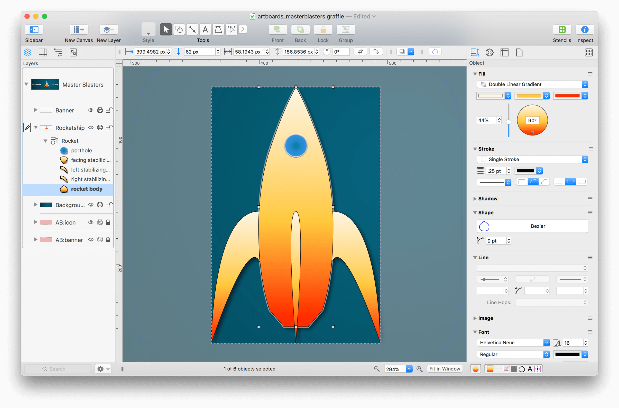 An OmniGraffle window with an illustration of a spaceship on the canvas