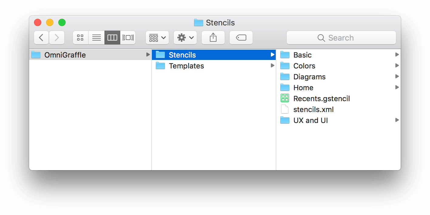 A Finder window, displaying the contents of the Stencils folder within OmniGraffle&#8217;s app Container.