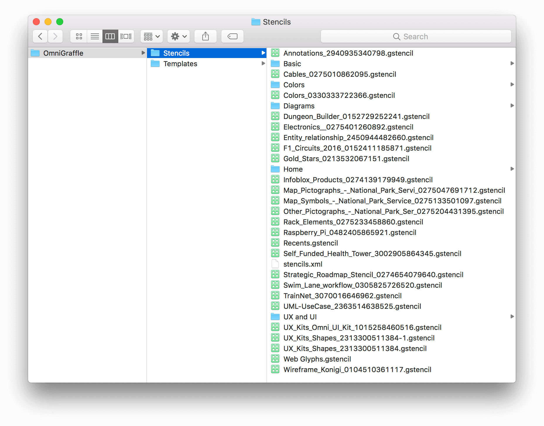 A Finder window, showing a bunch of oddly-named stencil files and the folders within the Stencils directory.