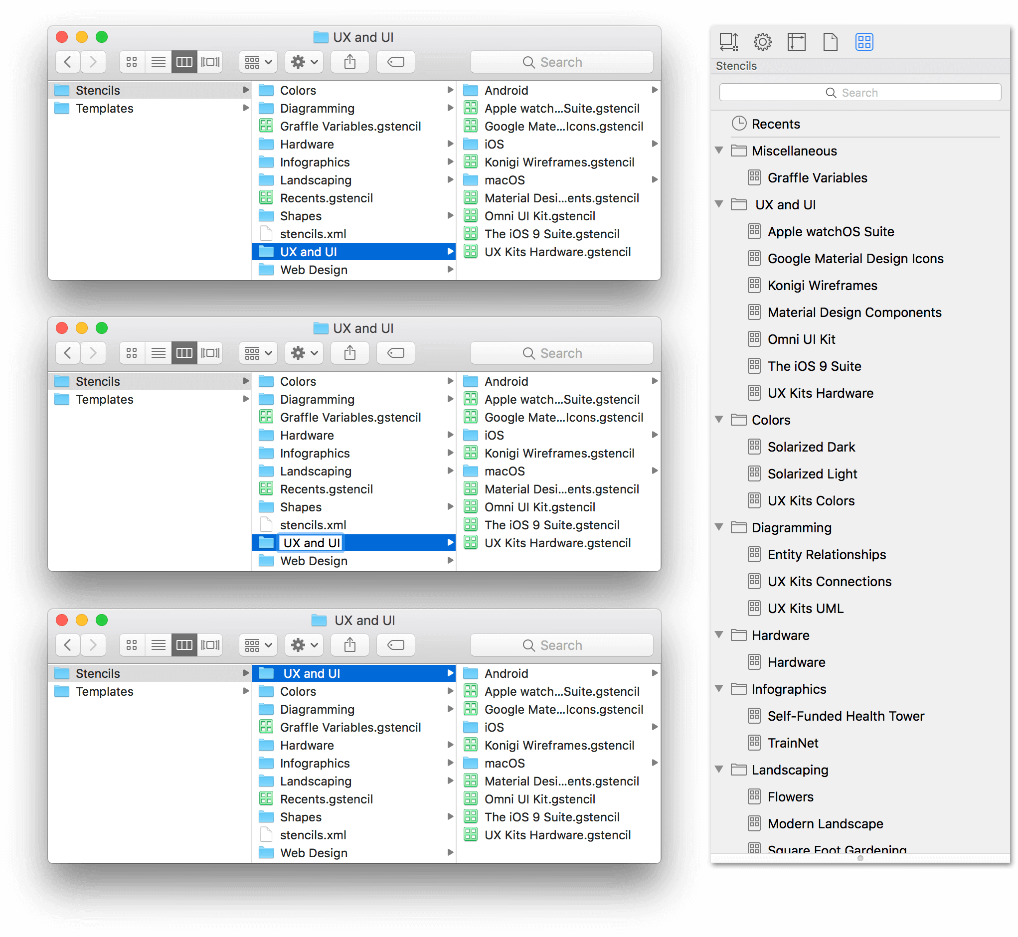 Three Finder windows show the process of renaming the UX and UI folder by adding a space to the front of the folder's name. The Stencil Browser is shown at right, with the UX and UI folder of stencils at the top of the stencils list.