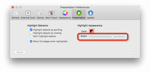 The Presentation Preferences window, with the Width adjustment slider circled