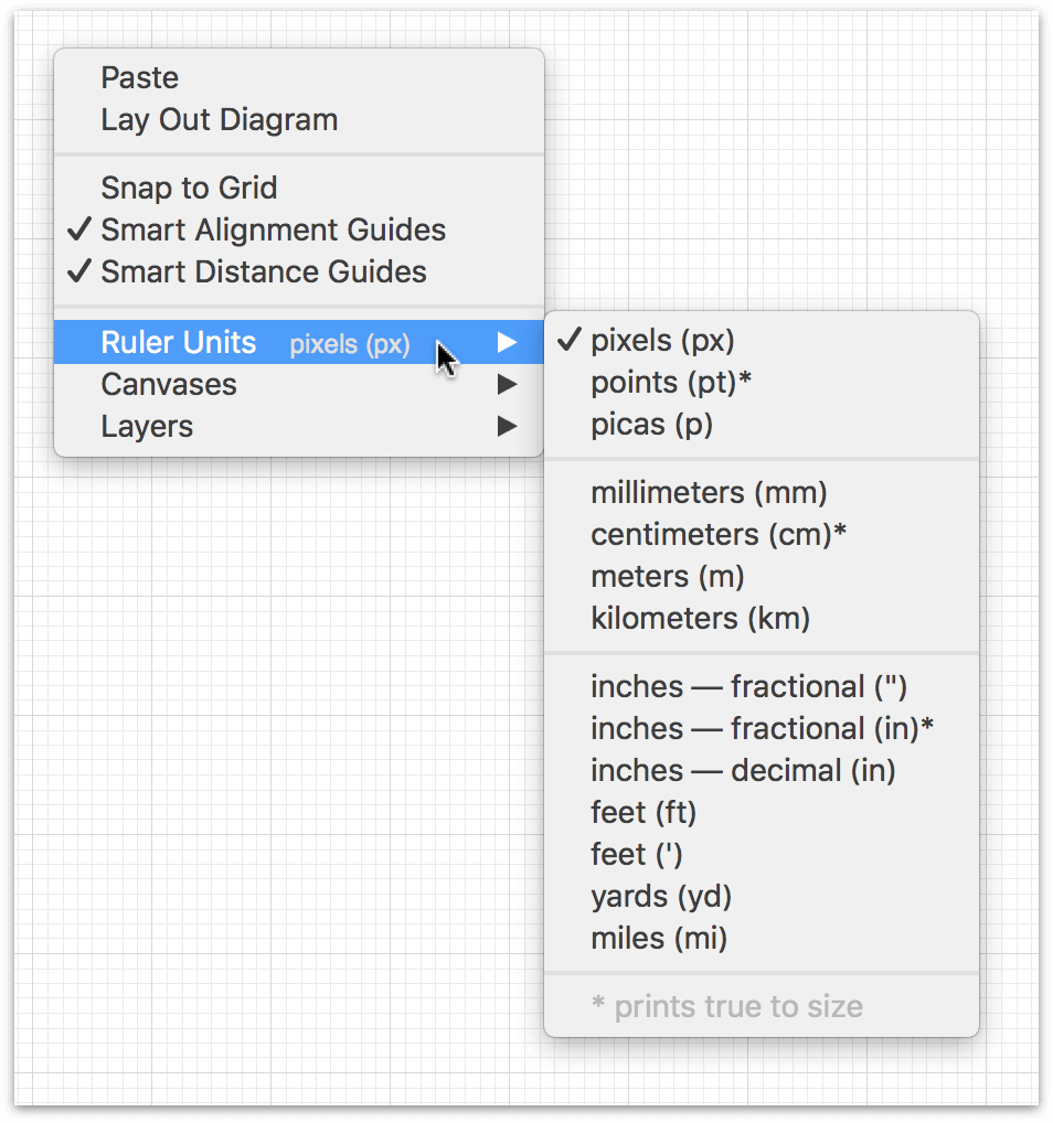 The contextual menu that appears when you Control- or Right-click on the canvas