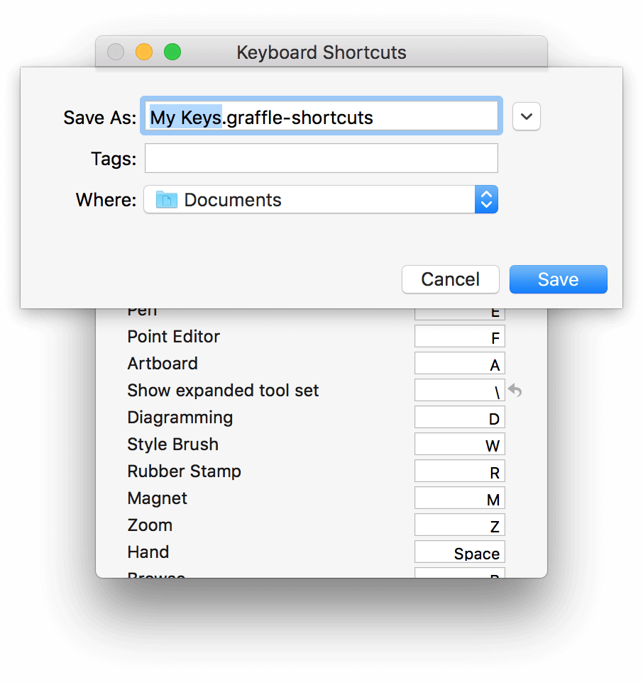 After choosing Export Shortcuts, a sheet opens on the Keyboard Shortcuts window so you can choose a location and name the file.
