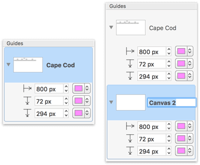 On the left, the Cape Cod canvas has three ruler guides applied to the canvas. On the right, after adding a second canvas, the new canvas is shown with the same ruler guides as set in the Cape Cod canvas.