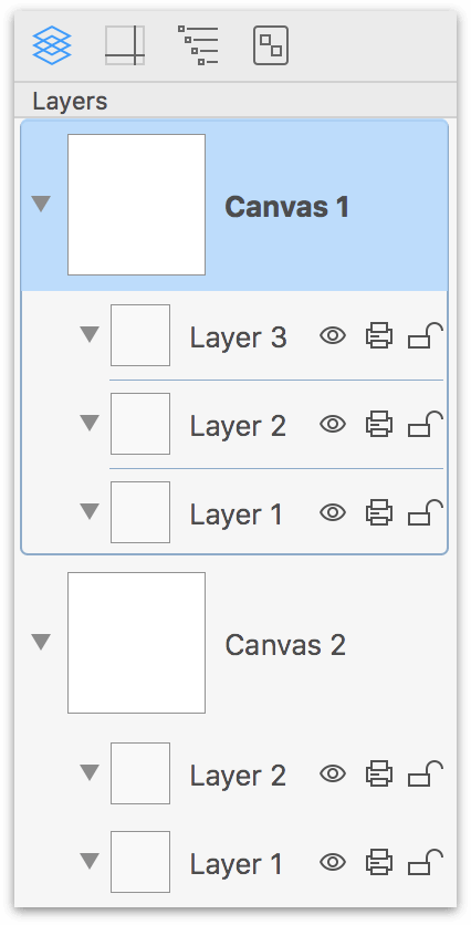 The sidebar, showing the generic Canvas 1, Canvas 2, and Layer 1, Layer 2 names.