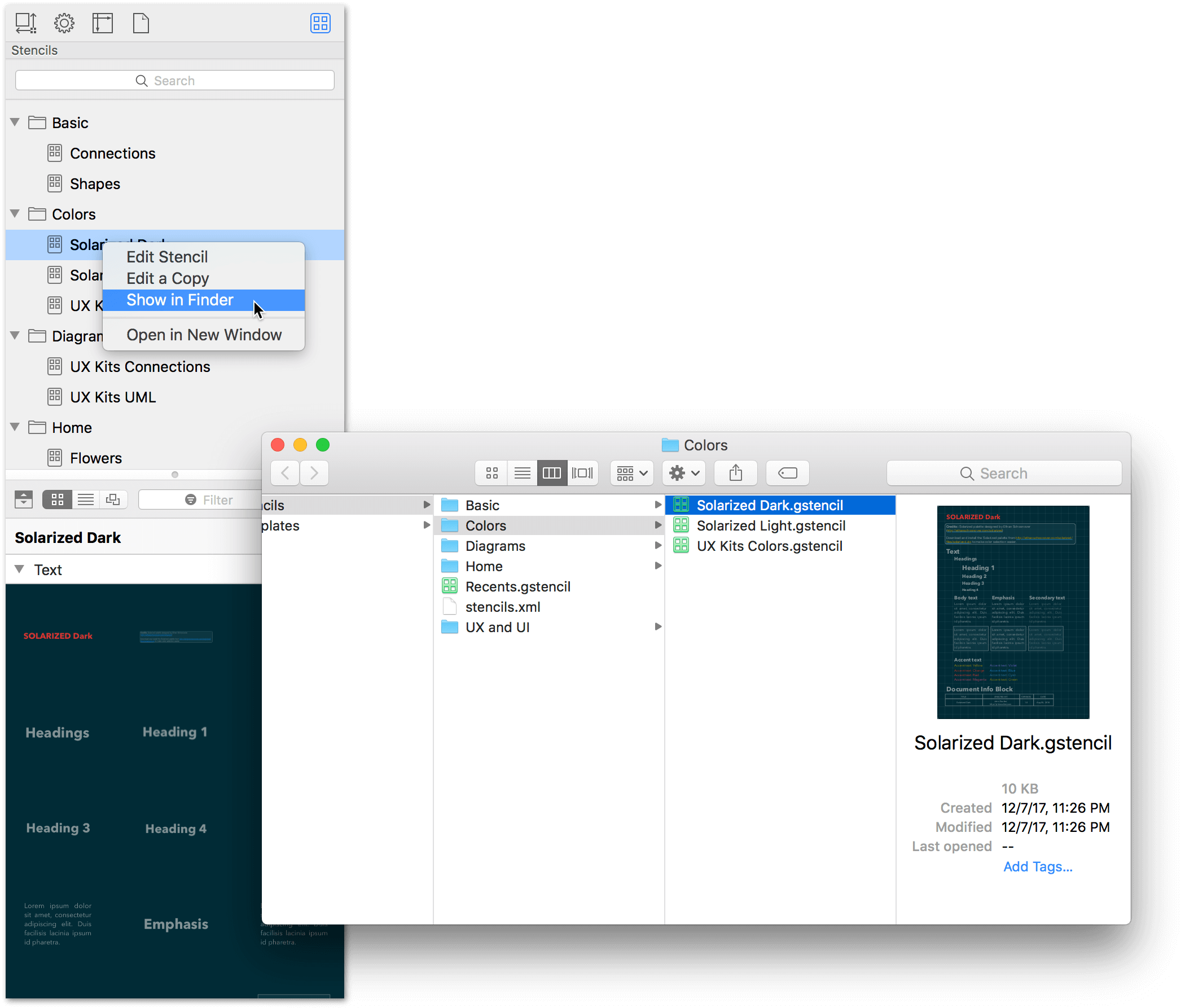 The Stencil Browser is shown in the right sidebar, with the Solarized Dark stencil set selected in the Stencil List. After Control-clicking on the stencil, its contextual menu appears, from which you can choose Show in Finder.