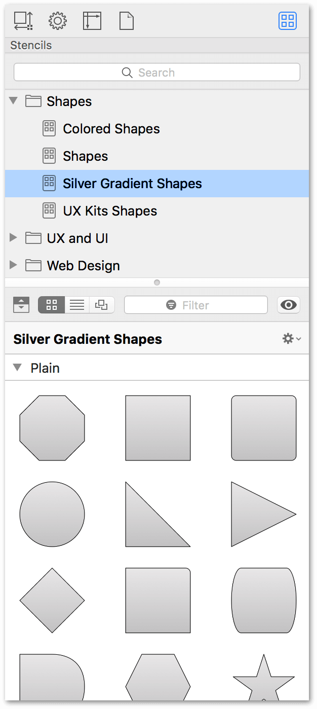 The Stencil Browser, showing the newly created stencils alongside the same shapes on the canvas