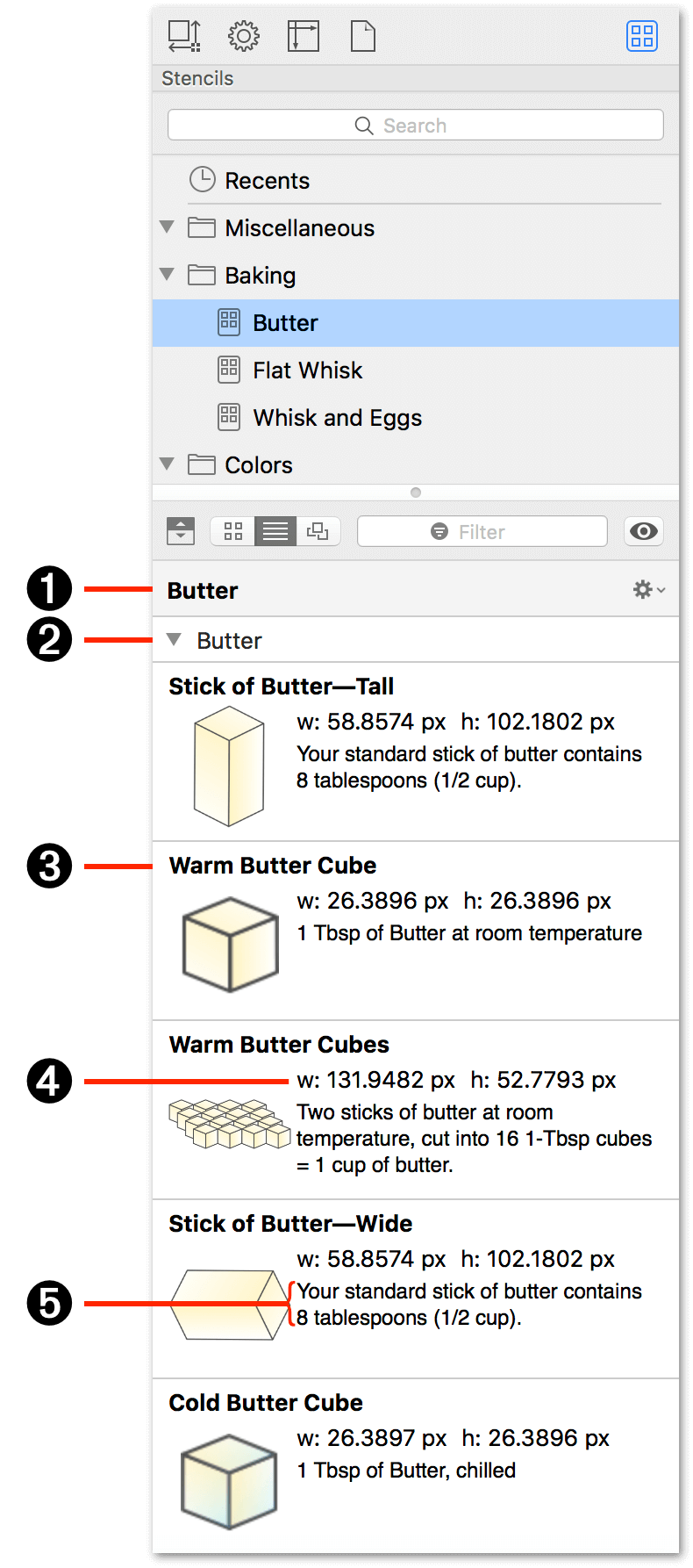 The stencil menu with callouts showing where all of a stencil&#8217;s information comes from in OmniGraffle&#8217;s user interface