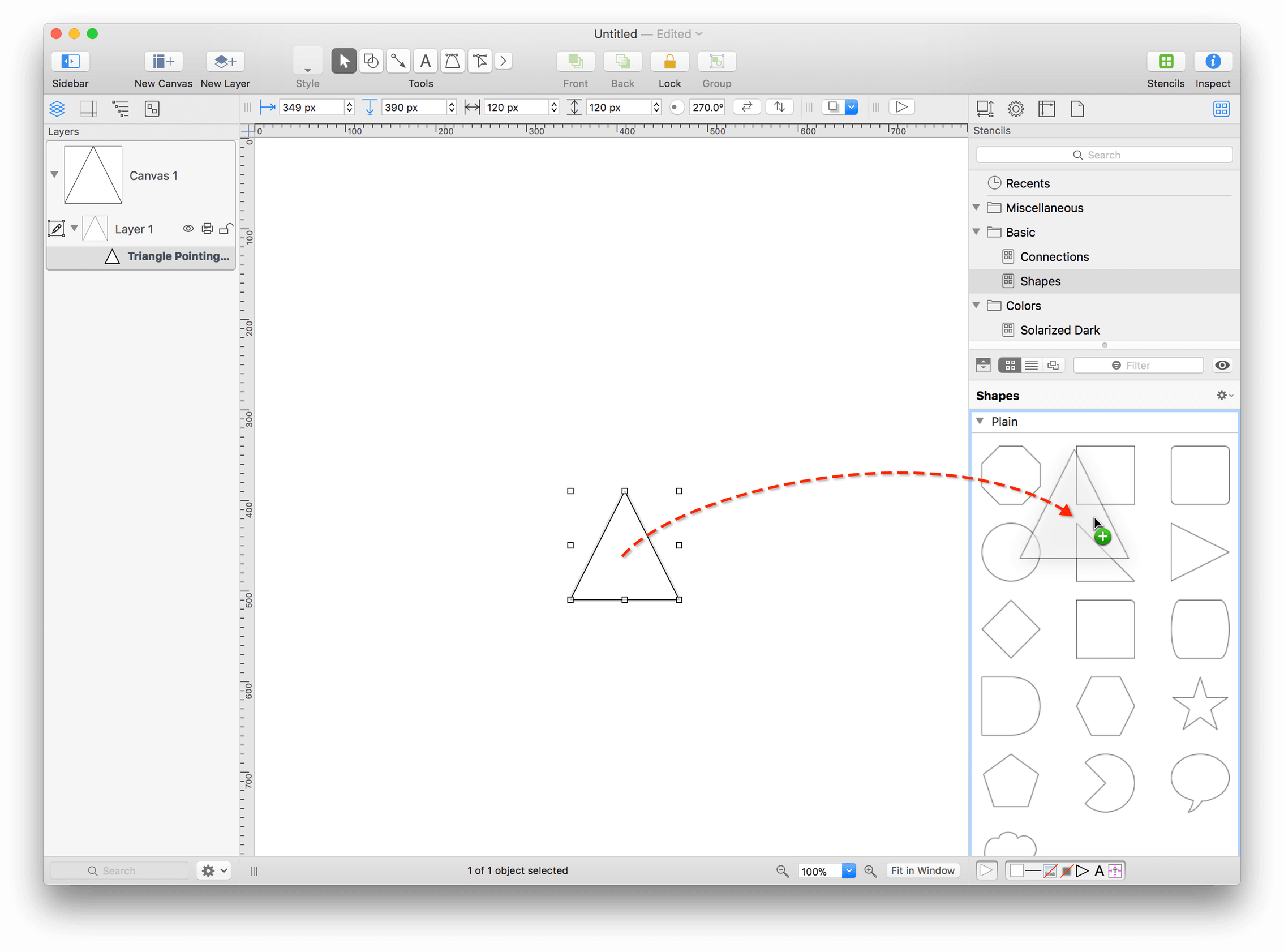 A triangle is shown on the canvas, with a dashed line used as an indicator that the object is being dragged into the Stencil Browser.