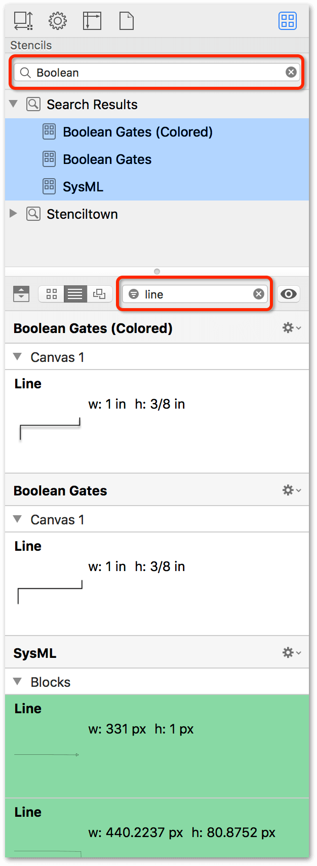 The Stencil Browser, after searching for Boolean stencils, and then filtering those results to find objects named Line.